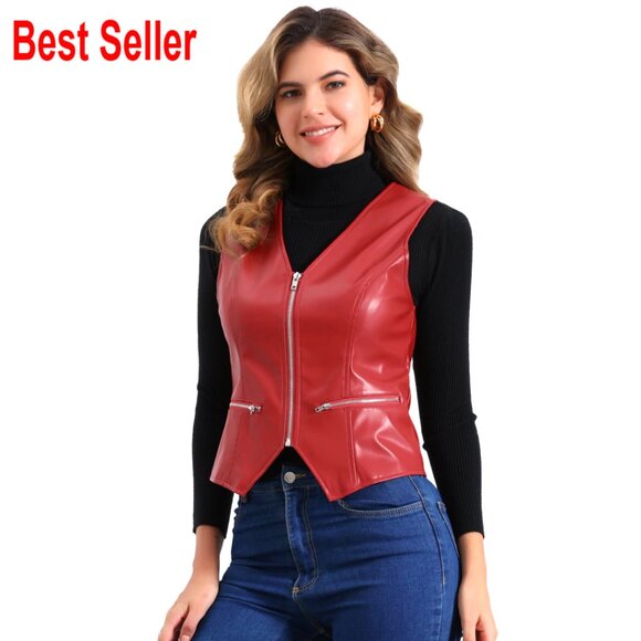 Faux Leather Waistcoat Vest Sleeveless Zipper Biker Jacket X-Small